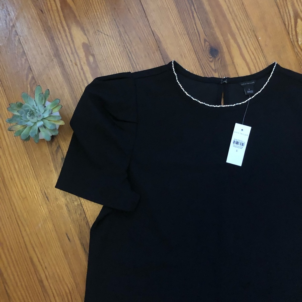 Ann Taylor // NWT // black short sleeve blouse w/ silver jewels along neckline